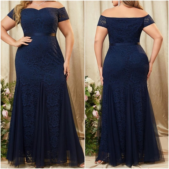 Plus Floral Lace Off Shoulder Formal Evening Wedding Maxi Dress - Picture 6 of 10